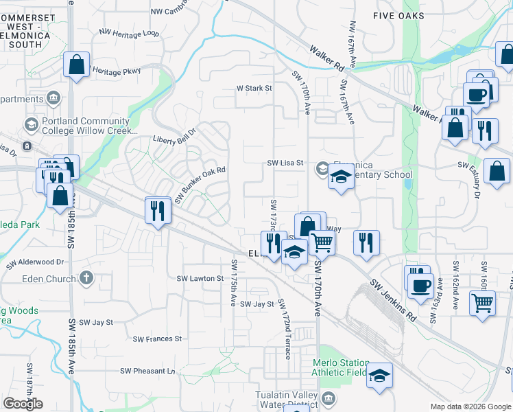 map of restaurants, bars, coffee shops, grocery stores, and more near 725 Southwest 174th Place in Beaverton