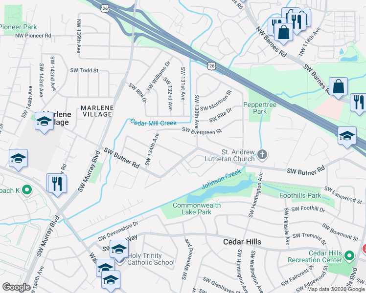 map of restaurants, bars, coffee shops, grocery stores, and more near 13100 Southwest Butner Court in Beaverton