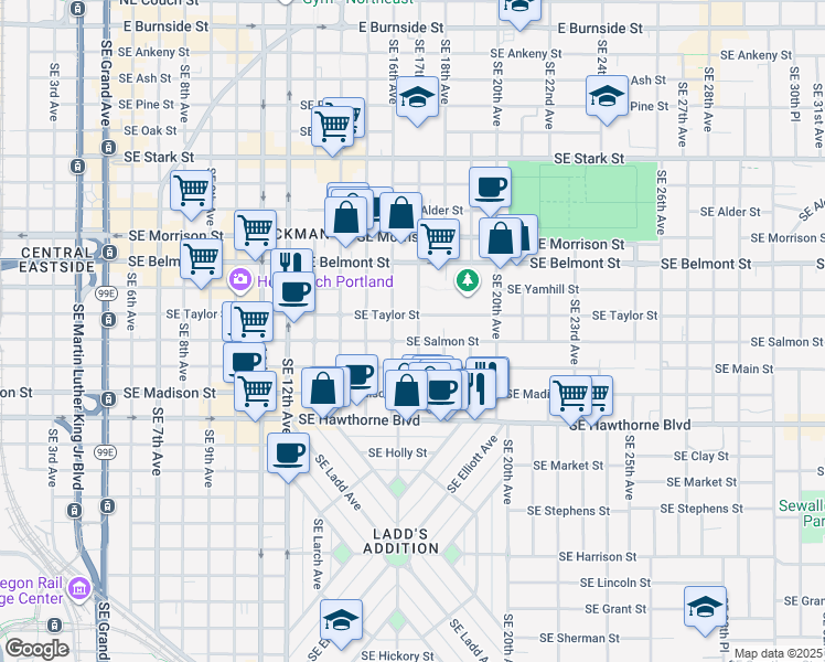 map of restaurants, bars, coffee shops, grocery stores, and more near 1131 Southeast 17th Avenue in Portland