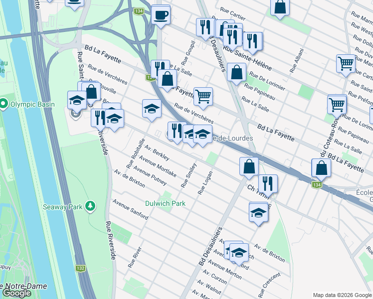 map of restaurants, bars, coffee shops, grocery stores, and more near 855 Chemin Tiffin in Longueuil