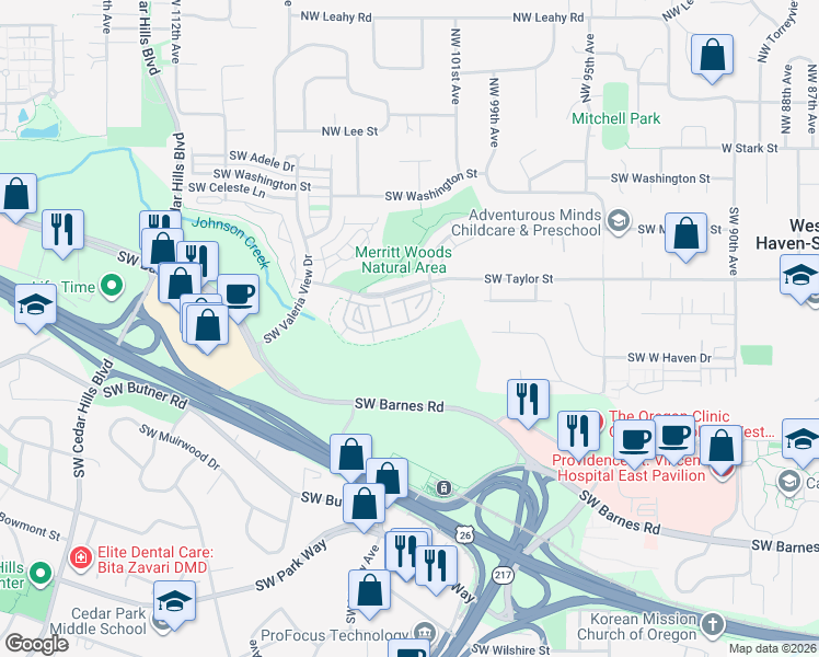 map of restaurants, bars, coffee shops, grocery stores, and more near 10254 Southwest Windwood Way in Portland