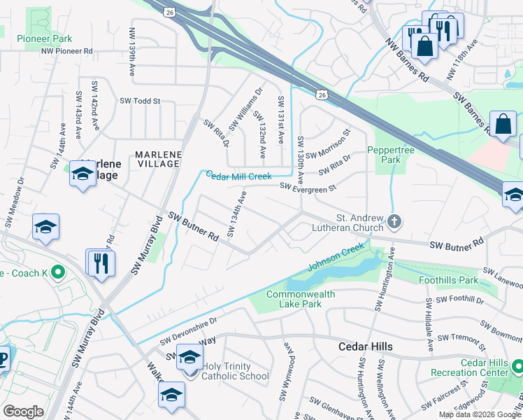 map of restaurants, bars, coffee shops, grocery stores, and more near 13235 Southwest Aragon Street in Beaverton
