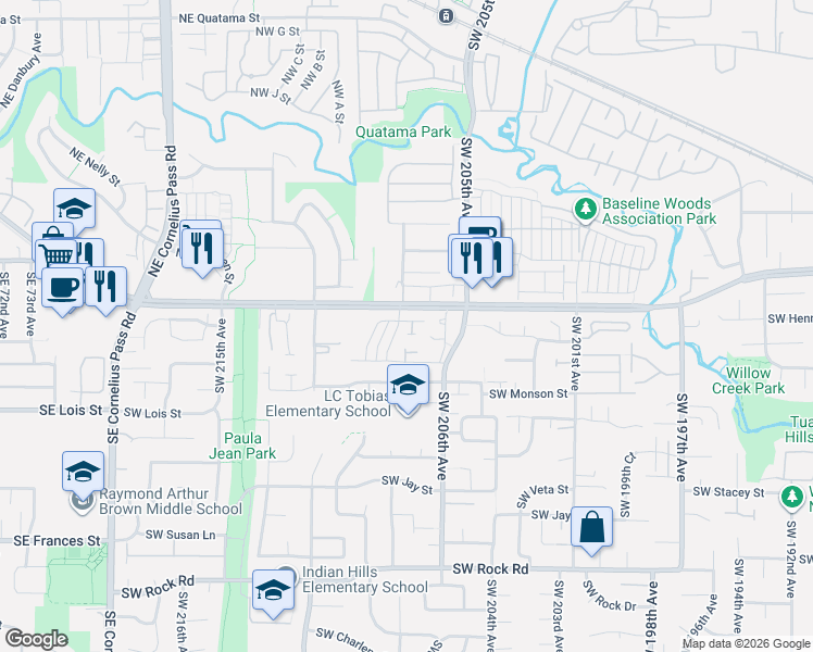 map of restaurants, bars, coffee shops, grocery stores, and more near 717 Southwest 207th Place in Beaverton