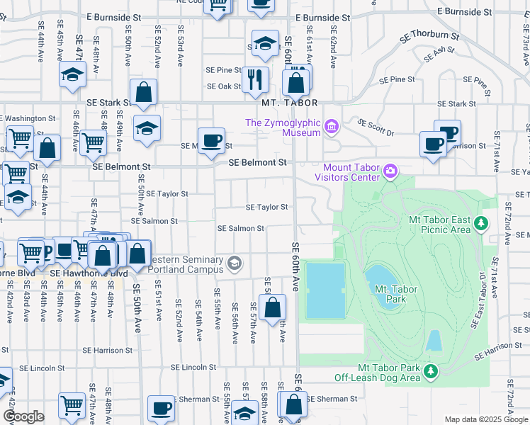 map of restaurants, bars, coffee shops, grocery stores, and more near 5810 Southeast Taylor Street in Portland
