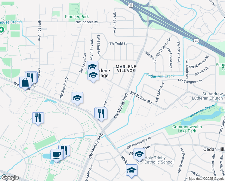 map of restaurants, bars, coffee shops, grocery stores, and more near 13980 Southwest Butner Road in Beaverton