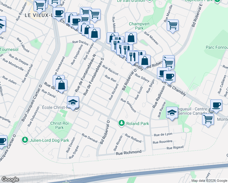 map of restaurants, bars, coffee shops, grocery stores, and more near 418 Rue Richard in Longueuil
