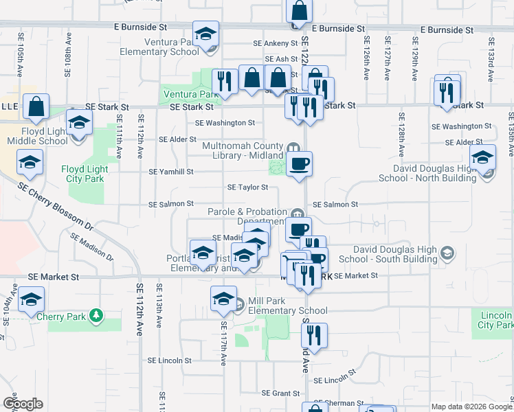 map of restaurants, bars, coffee shops, grocery stores, and more near 11831 Southeast Main Street in Portland