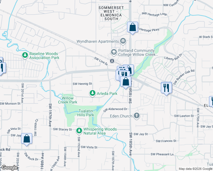 map of restaurants, bars, coffee shops, grocery stores, and more near 18845 Southwest Willow Creek Terrace in Beaverton