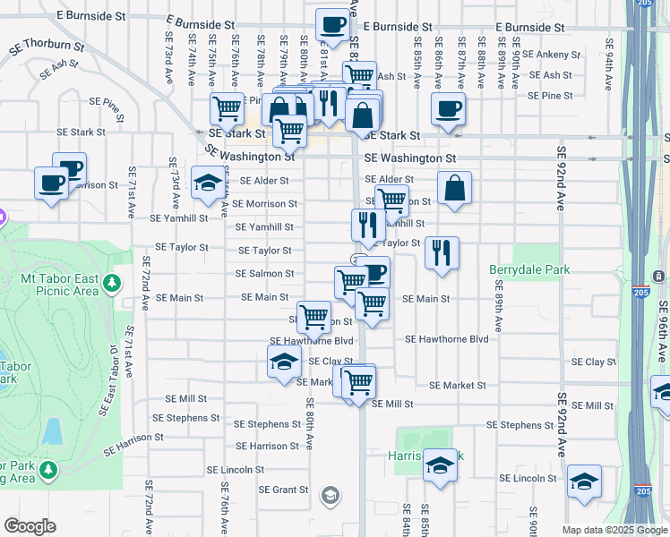 map of restaurants, bars, coffee shops, grocery stores, and more near 8106 Southeast Taylor Court in Portland