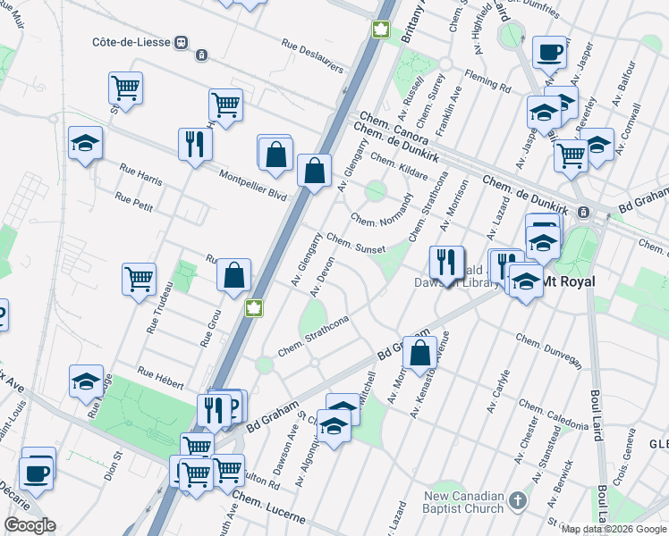 map of restaurants, bars, coffee shops, grocery stores, and more near in Mount Royal