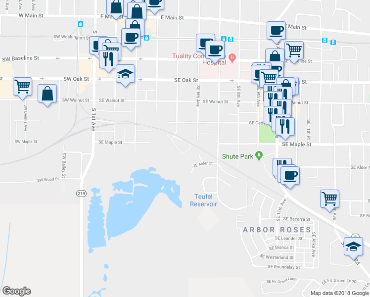 map of restaurants, bars, coffee shops, grocery stores, and more near 621 Southeast Heathcliff Lane in Hillsboro