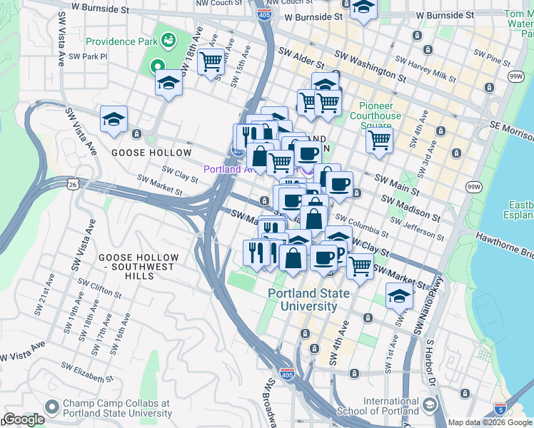 map of restaurants, bars, coffee shops, grocery stores, and more near 1500 Southwest 11th Avenue in Portland