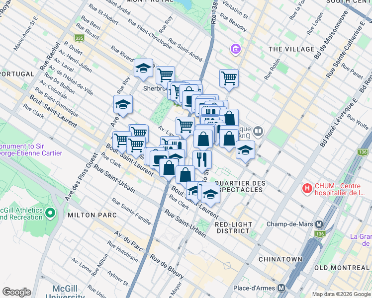 map of restaurants, bars, coffee shops, grocery stores, and more near 230 Rue Sherbrooke Est in Montréal