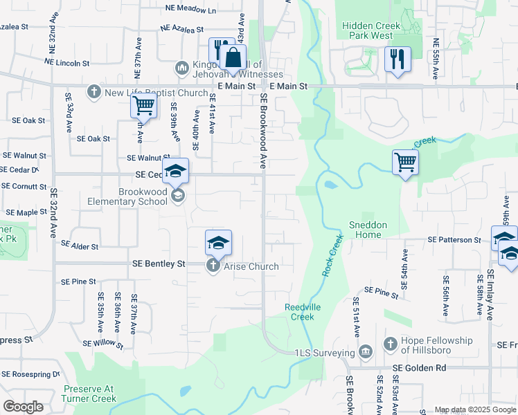 map of restaurants, bars, coffee shops, grocery stores, and more near 735 Southeast Brookwood Avenue in Hillsboro