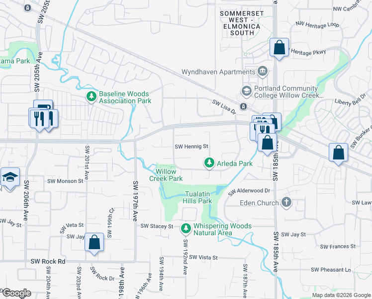 map of restaurants, bars, coffee shops, grocery stores, and more near 19330 Southwest Hennig Street in Beaverton
