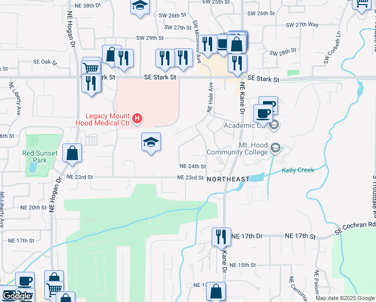 map of restaurants, bars, coffee shops, grocery stores, and more near 2835 NE 25th Ct in Gresham