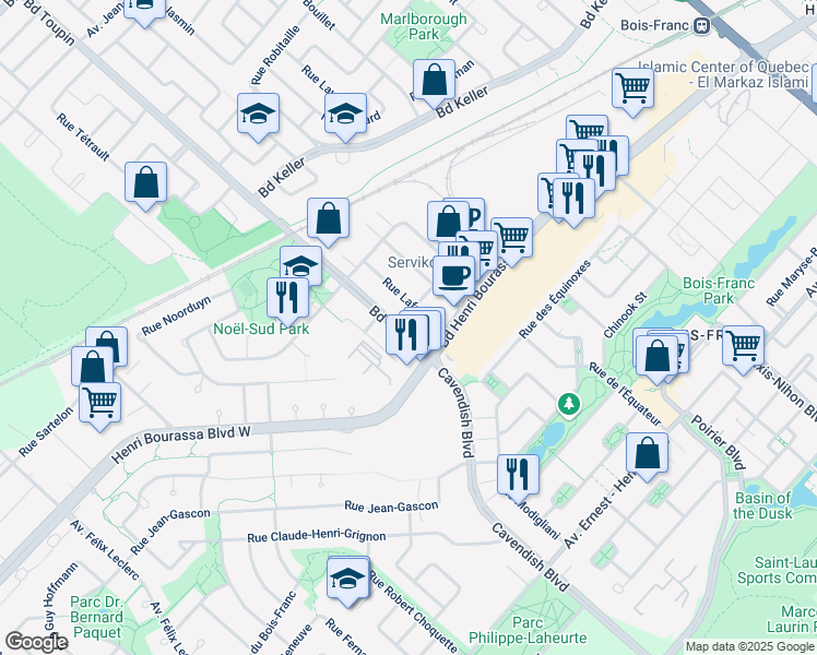 map of restaurants, bars, coffee shops, grocery stores, and more near 2683 Boulevard Toupin in Montréal