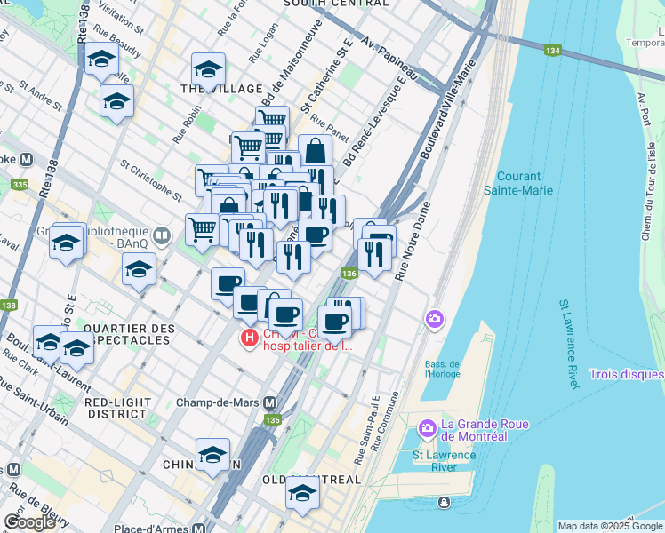 map of restaurants, bars, coffee shops, grocery stores, and more near 975 Rue Saint-André in Montréal