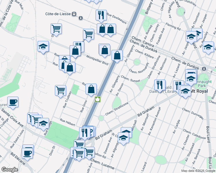 map of restaurants, bars, coffee shops, grocery stores, and more near 3114 Chemin de la Côte-de-Liesse in Mont-Royal
