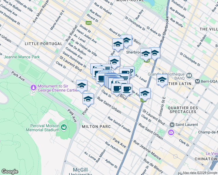 map of restaurants, bars, coffee shops, grocery stores, and more near 6 Rue Guilbault Est in Montréal