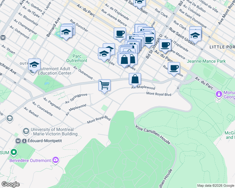 map of restaurants, bars, coffee shops, grocery stores, and more near 70 Avenue Maplewood in Montréal