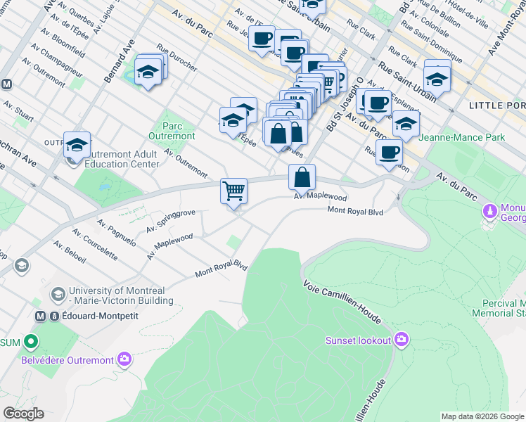 map of restaurants, bars, coffee shops, grocery stores, and more near 70 Avenue Maplewood in Montréal