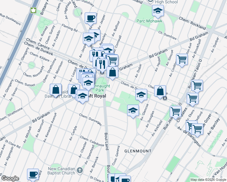 map of restaurants, bars, coffee shops, grocery stores, and more near 51 Avenue Roosevelt in Mont-Royal