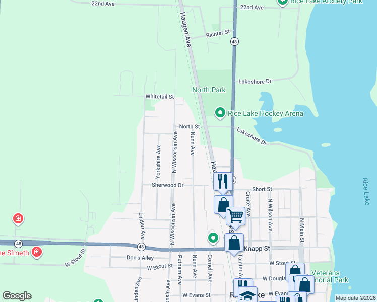 map of restaurants, bars, coffee shops, grocery stores, and more near 1046 Nunn Avenue in Rice Lake