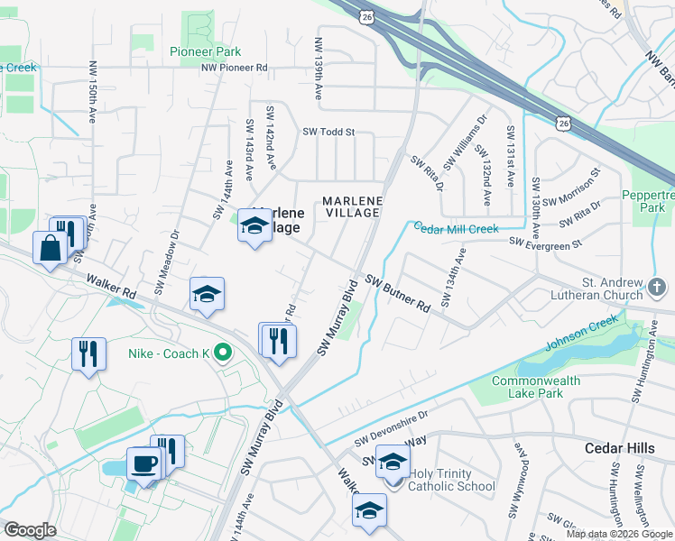 map of restaurants, bars, coffee shops, grocery stores, and more near 13890 Southwest Butner Road in Beaverton