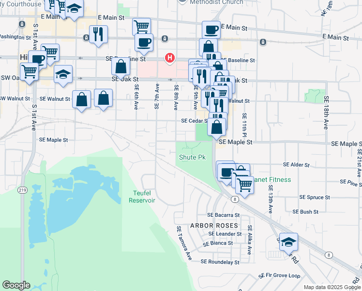 map of restaurants, bars, coffee shops, grocery stores, and more near 750 Southeast 8th Avenue in Hillsboro