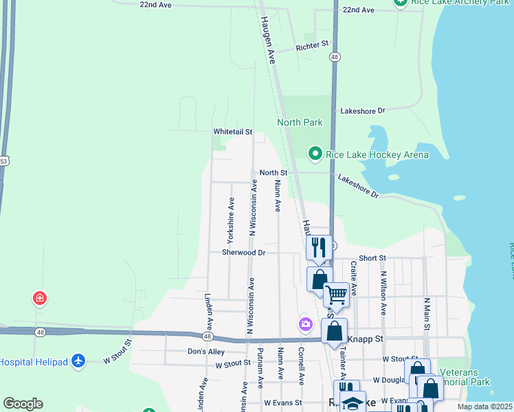 map of restaurants, bars, coffee shops, grocery stores, and more near 1029 North Wisconsin Avenue in Rice Lake
