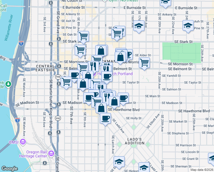 map of restaurants, bars, coffee shops, grocery stores, and more near 1100 Southeast 12th Avenue in Portland