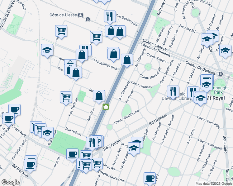 map of restaurants, bars, coffee shops, grocery stores, and more near 3112 Chemin de la Côte-de-Liesse in Mont-Royal