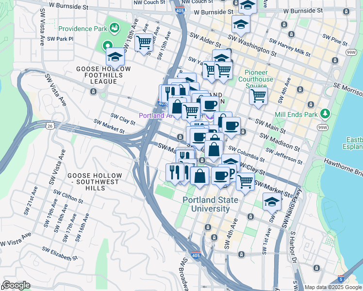 map of restaurants, bars, coffee shops, grocery stores, and more near 1500 Southwest 11th Avenue in Portland