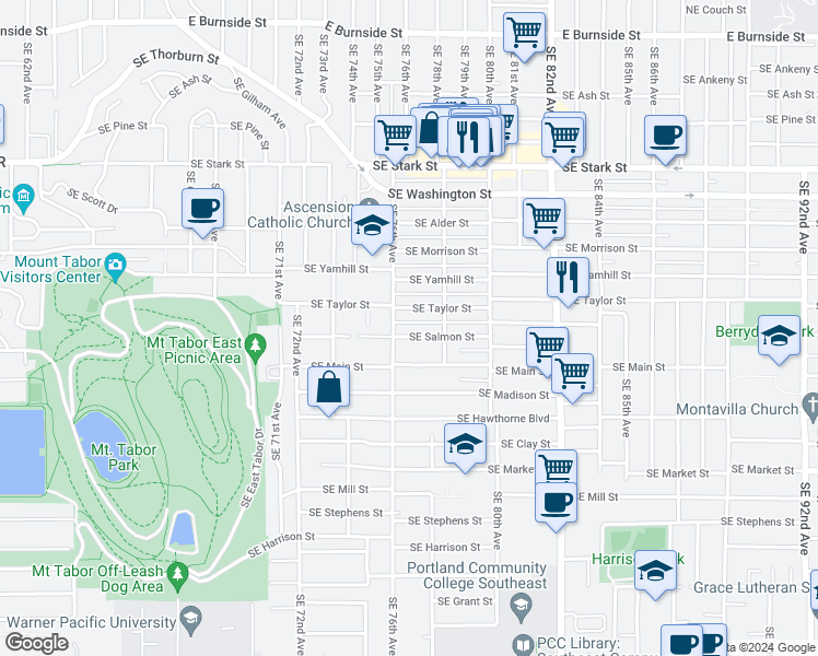 map of restaurants, bars, coffee shops, grocery stores, and more near 7623 Southeast Salmon Street in Portland