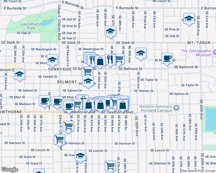 map of restaurants, bars, coffee shops, grocery stores, and more near 1134 Southeast 45th Avenue in Portland