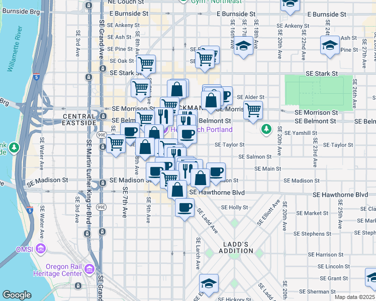map of restaurants, bars, coffee shops, grocery stores, and more near 1150 Southeast 12th Avenue in Portland