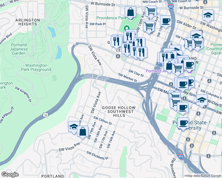 map of restaurants, bars, coffee shops, grocery stores, and more near 1828 Southwest 18th Avenue in Portland