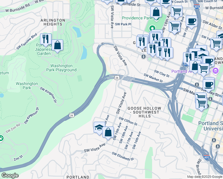 map of restaurants, bars, coffee shops, grocery stores, and more near 1863 Southwest Montgomery Place in Portland