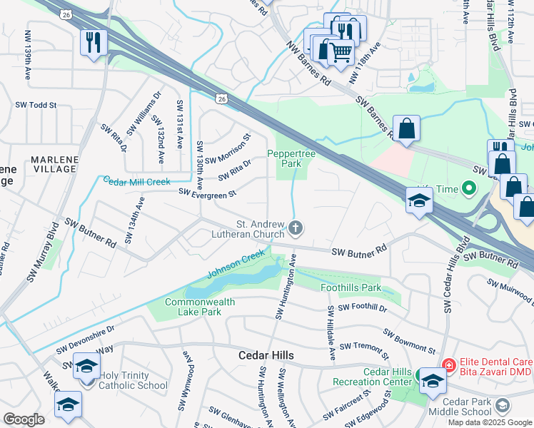 map of restaurants, bars, coffee shops, grocery stores, and more near 12635 Southwest Camellia Street in Beaverton