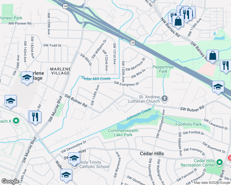 map of restaurants, bars, coffee shops, grocery stores, and more near 13041 Southwest Butner Road in Beaverton