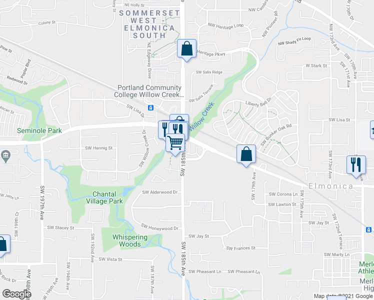 map of restaurants, bars, coffee shops, grocery stores, and more near 18425 Southwest Stepping Stone Drive in Beaverton
