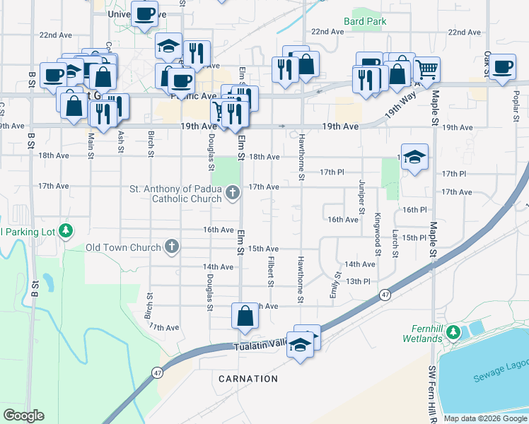 map of restaurants, bars, coffee shops, grocery stores, and more near 1620 Filbert Street in Forest Grove