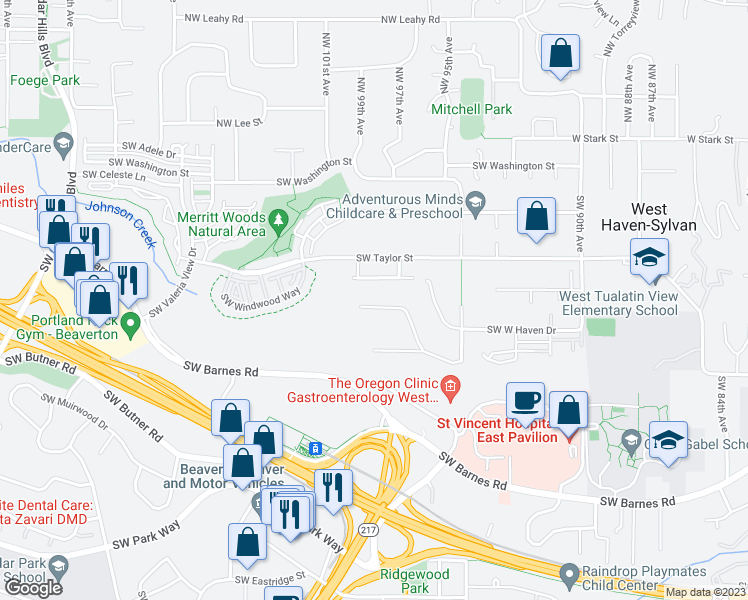 map of restaurants, bars, coffee shops, grocery stores, and more near 9891 Southwest Spring Crest Drive in Portland
