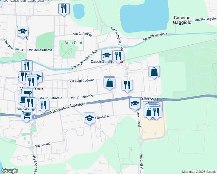 map of restaurants, bars, coffee shops, grocery stores, and more near 99 Via 11 Febbraio in Vimodrone
