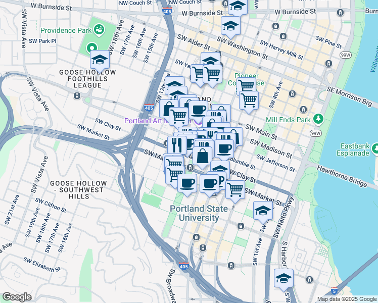 map of restaurants, bars, coffee shops, grocery stores, and more near 1431 Southwest Park Avenue in Portland