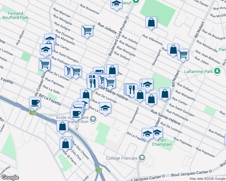 map of restaurants, bars, coffee shops, grocery stores, and more near 1997 Rue Sainte-Hélène in Longueuil