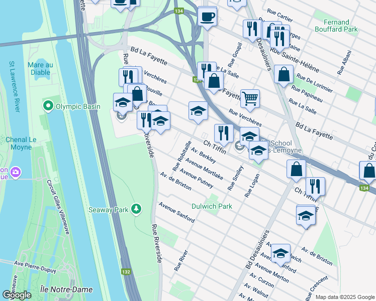 map of restaurants, bars, coffee shops, grocery stores, and more near 725 Rue Robitaille in Saint-Lambert