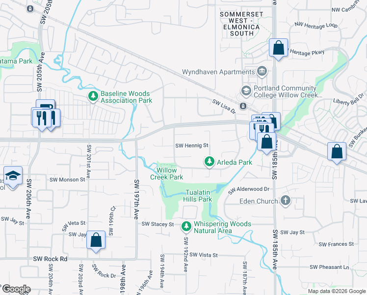 map of restaurants, bars, coffee shops, grocery stores, and more near 19330 Southwest Hennig Street in Beaverton