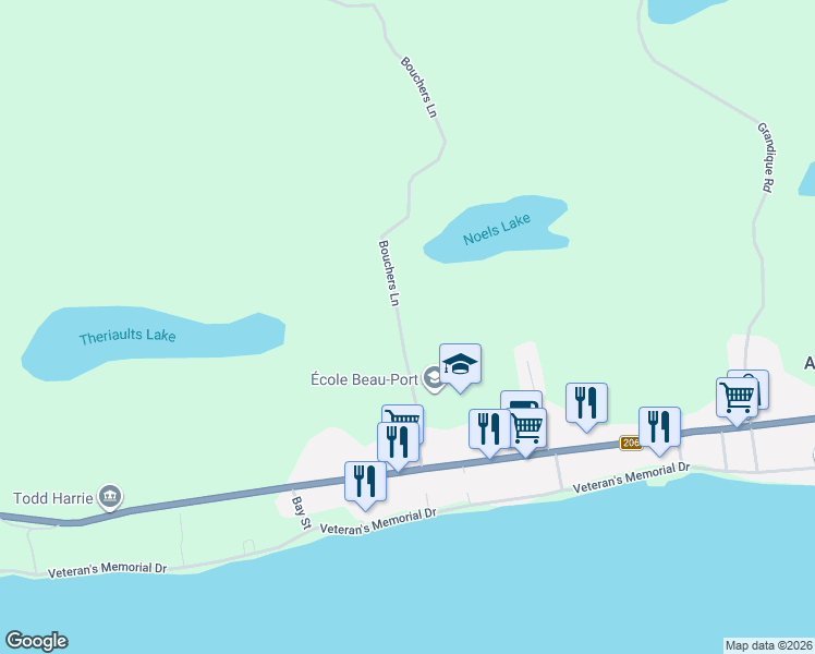map of restaurants, bars, coffee shops, grocery stores, and more near Bouchers Lane in Arichat